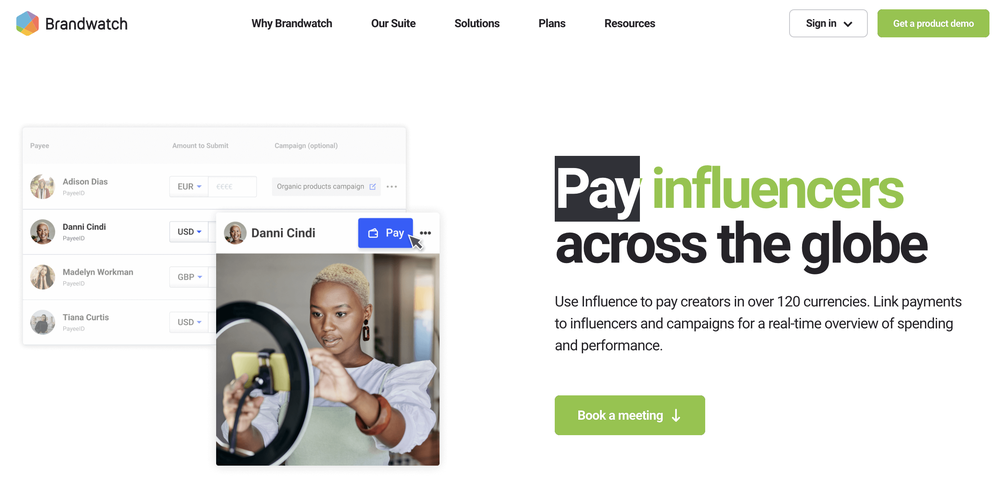 A look of Brandwatch Influence’s website that enables users to pay influencers across the globe in over 120 currencies.
