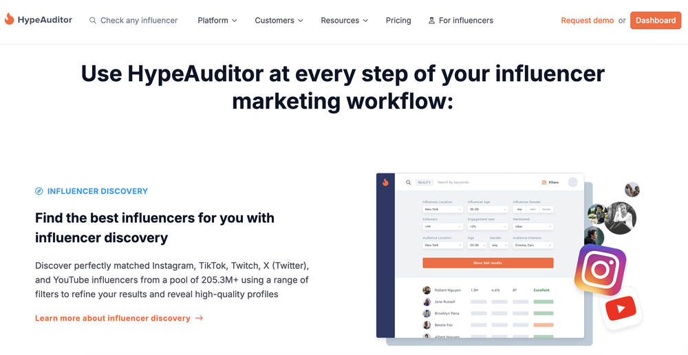 HypeAuditor's landing page which shows its all-in-one suite for influencer marketing.
