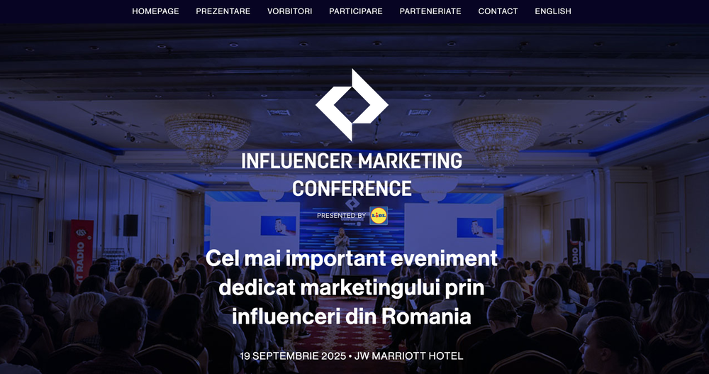 The landing page of Influencer Marketing Conference that will be held in Bucharest, Romania.