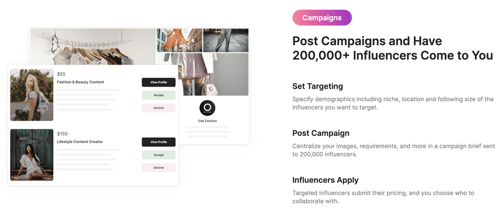 Collabstr’s landing page that shows its ability to manage campaigns as well as manage influencer pricing and payment.