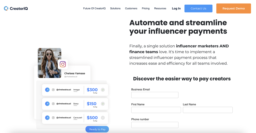 A landing page showing CreatorIQ’s influencer payment tool that can automate and streamline your influencer payments.