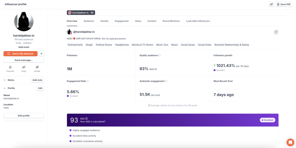 An example of a rising influencer with high follower growth and engagement rate, as seen on HypeAuditor.