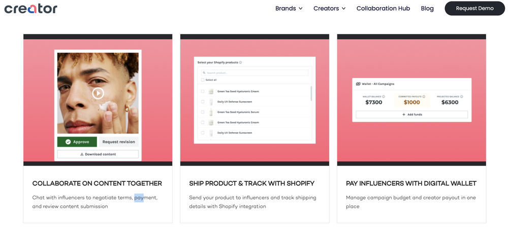 A page displaying Creator.co’s features including influencer negotiation and payment.