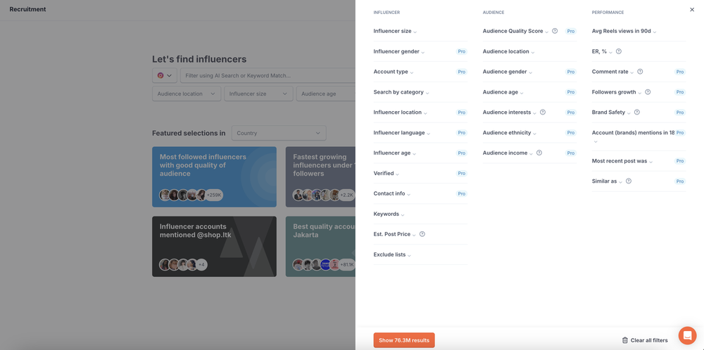 a look of HypeAuditor's Influencer Discovery feature with various filters