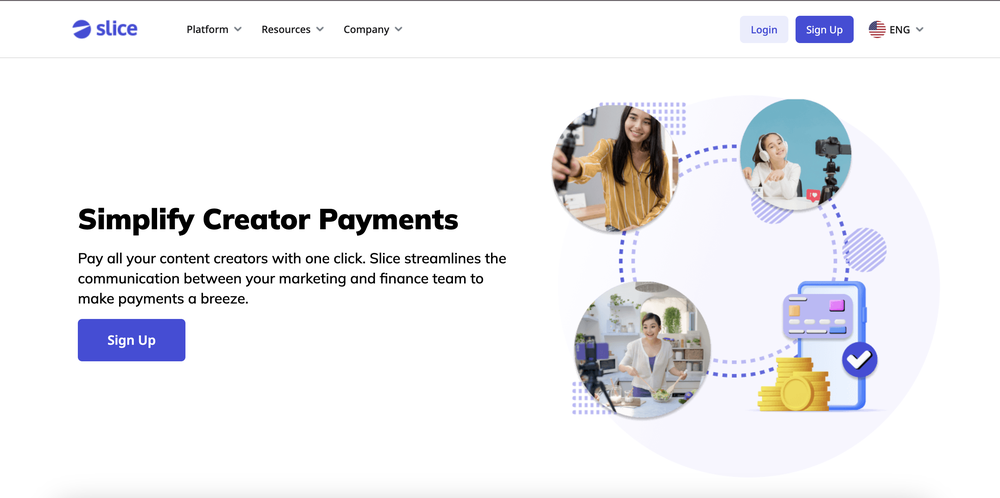 Slice.id’s website that shows their purpose to simplify creator payments with one click.