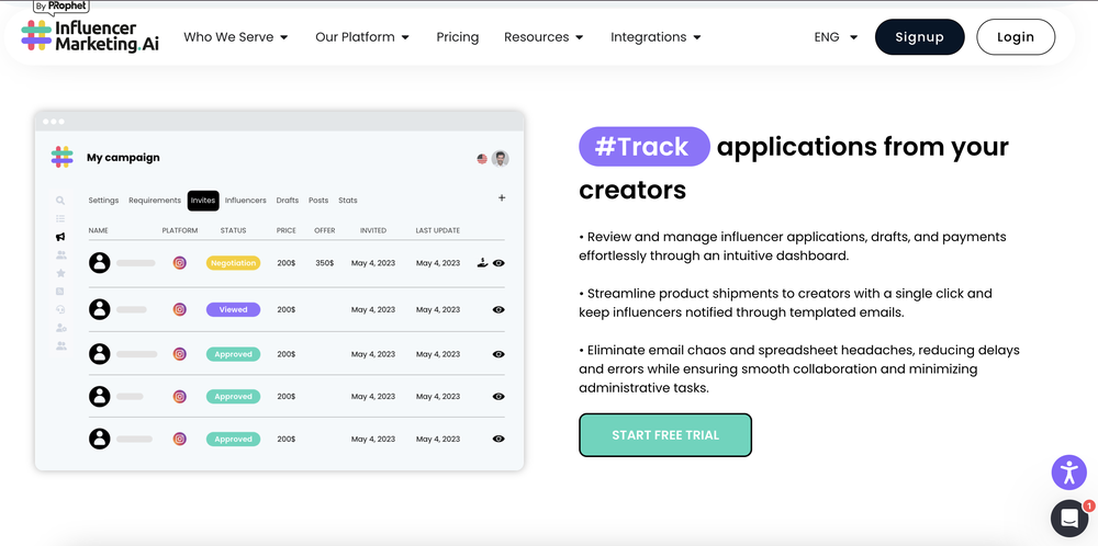 Influencer Marketing AI’s landing page which shows its excellence in tracking creator applications as well as managing influencer payment through an all-in-one dashboard.