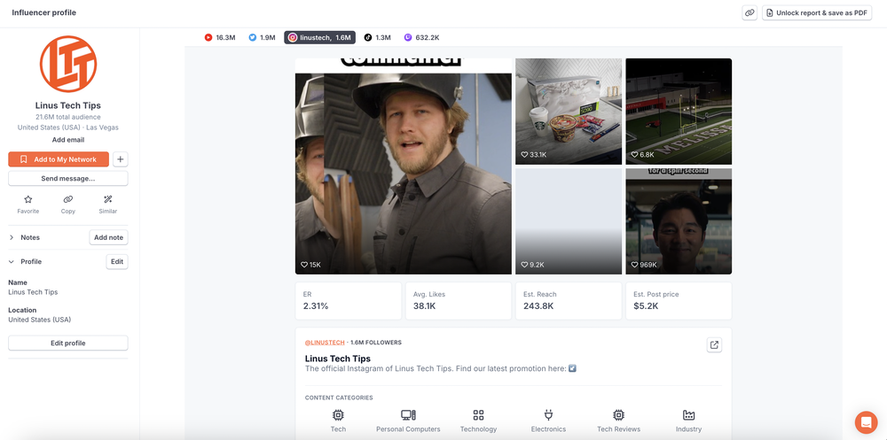 An insight into Linus Tech Tip's profile, an Instagram key opinion leader (KOL)