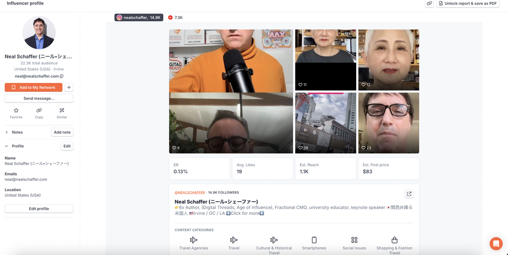 An insight into Neal Schaffer's profile, an Instagram key opinion leader (KOL)