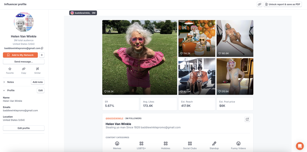 An insight into Helen Van Winkle's profile, an Instagram "granfluencer."