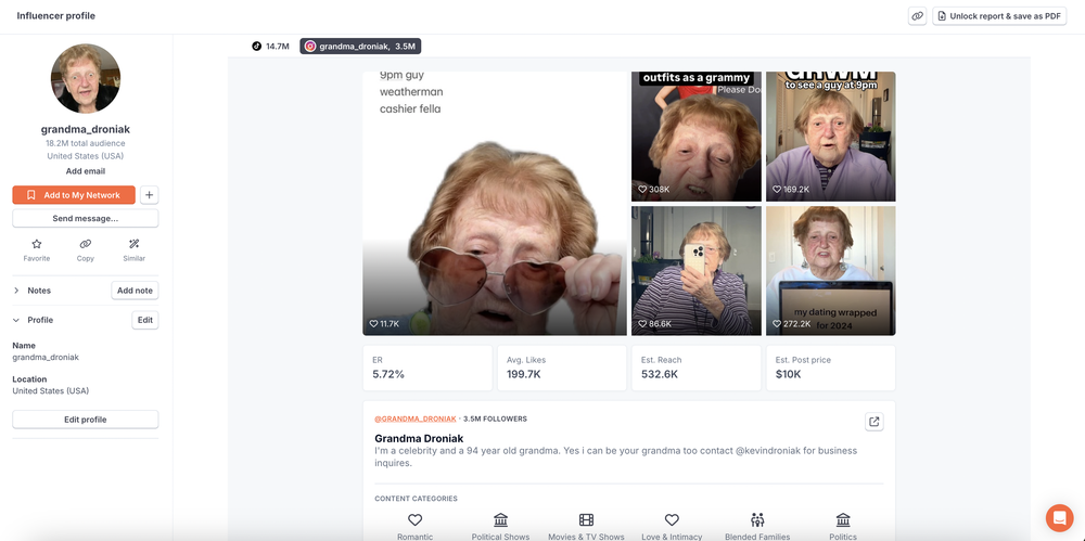 An insight into Grandma Droniak's profile, an Instagram "granfluencer."