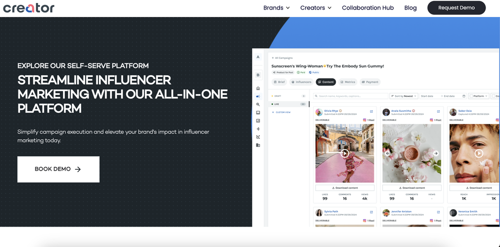 Creator.co's website, a platform that offers streamlined influencer marketing with their service.