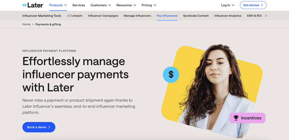 Later’s landing page which shows its influencer payment management tool.