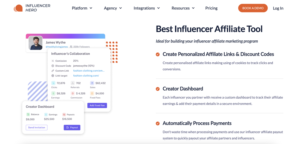 Influencer Hero’s landing page which offers a comprehensive affiliate tool, including automated payment process.