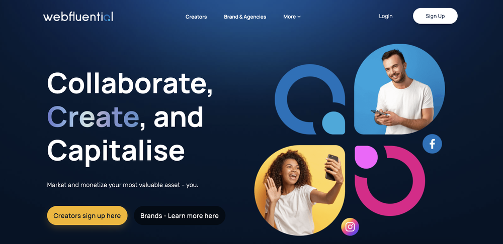 Webfluential’s landing page which delivers its aim to “collaborate, create, and capitalise market”, including facilitating influencer payments and contracts.