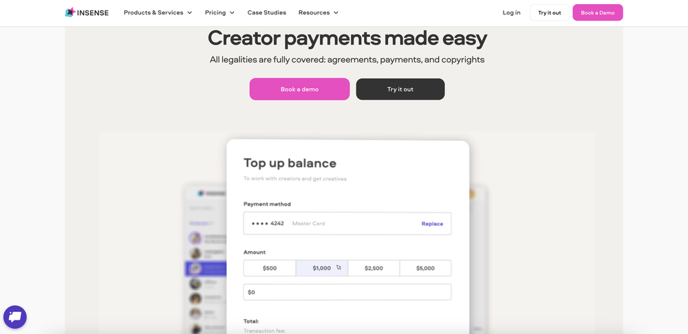 A screenshot of Insense’s landing page which makes creator payments easier.
