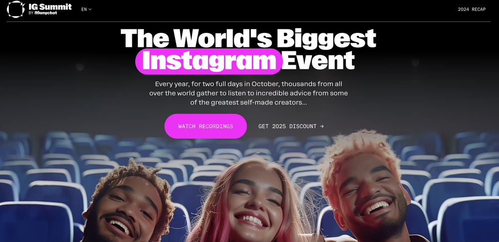 A screenshot of IG Summit's website, the world's biggest Instagram event.