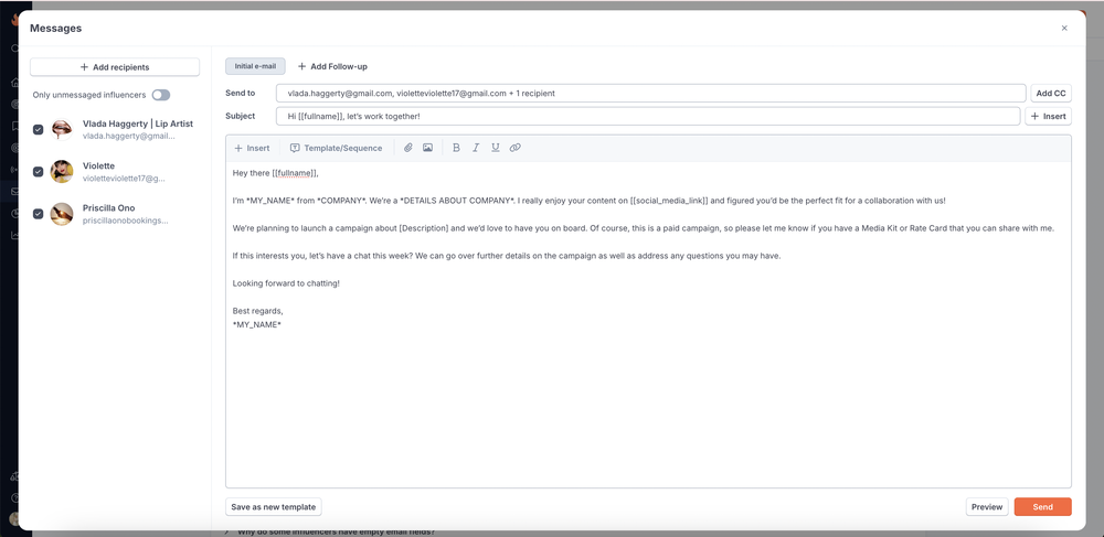 an example of how HypeAuditor eases influencer outreach process by sending message right from the platform