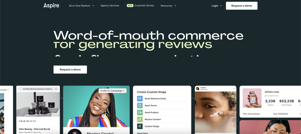 Aspire's website that shows its features as an influencer marketing platform.