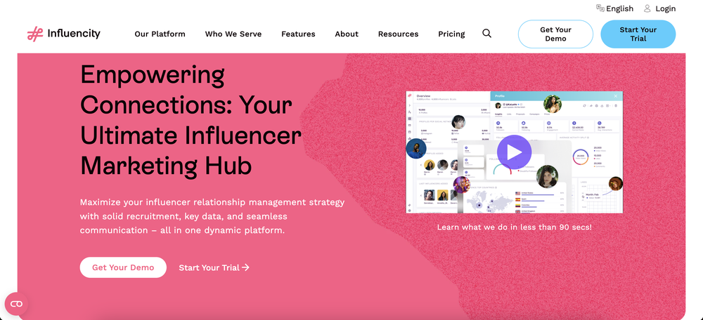 Influencity’s landing page explaining their ultimate influencer marketing hub.
