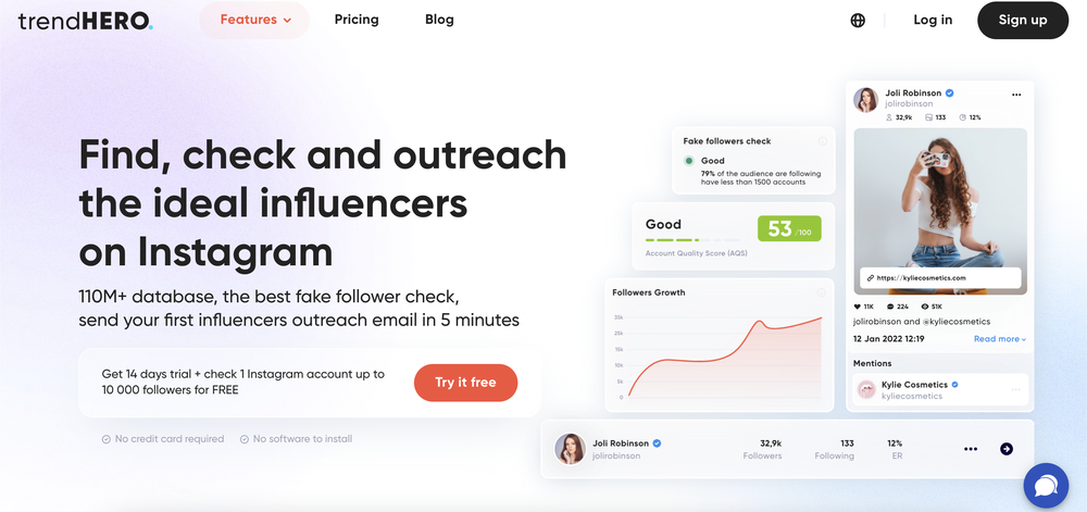 trendHERO's website which focuses on finding, checking, and outreaching Instagram influencers.