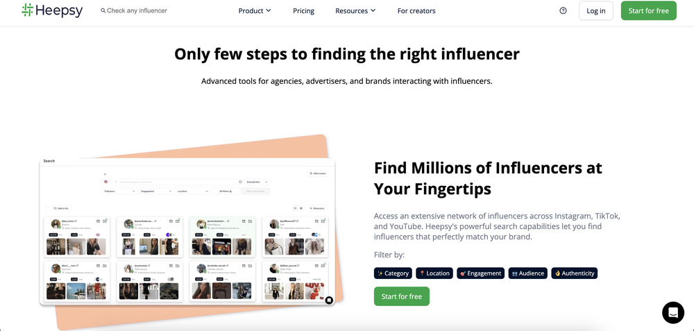 Heepsy's website that enables marketers to find million influencers easily.