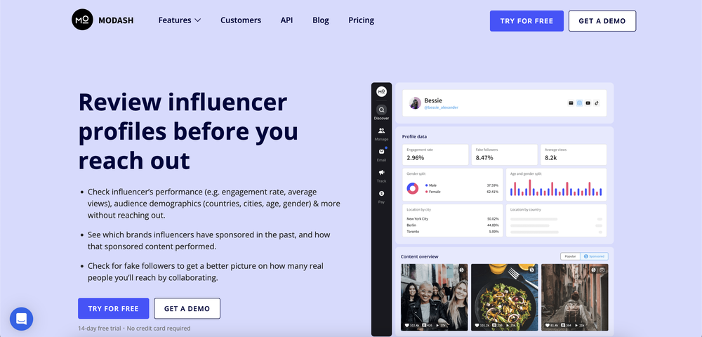 Modash, an influencer marketing platform with review influencer profiles feature.