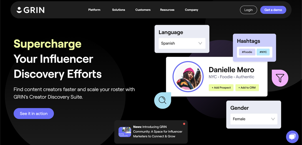Grin’s website, a platform which offers easier influencer discovery and vetting.