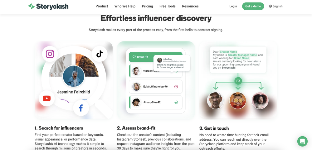 Storyclash website showing its key features in effortless influencer discovery.