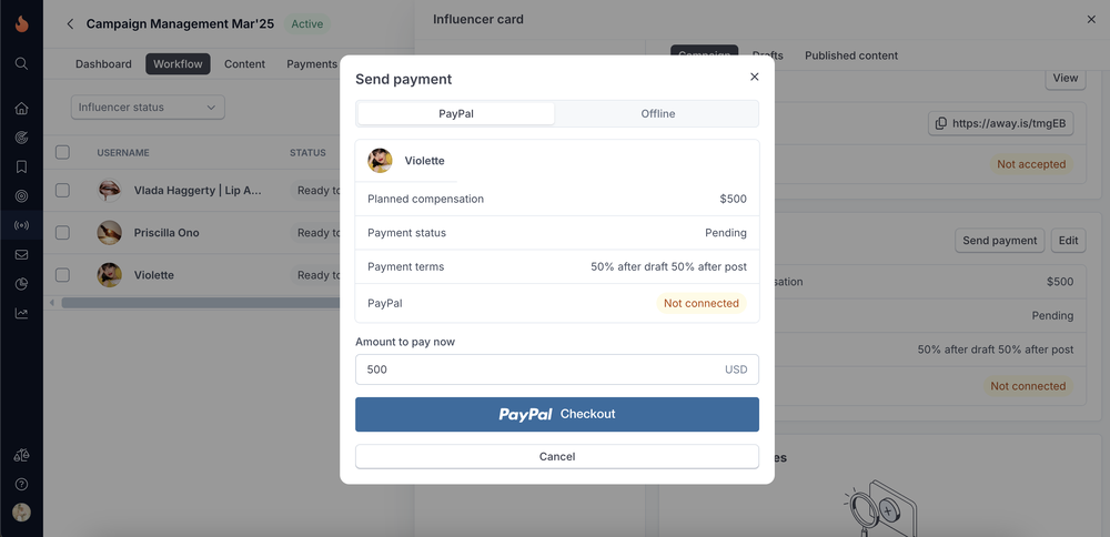 HypeAuditor’s campaign management tool with send payment feature that is integrated to PayPal.