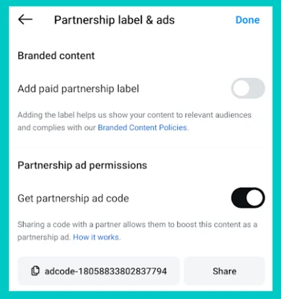Instagram business partnership tags example screen.