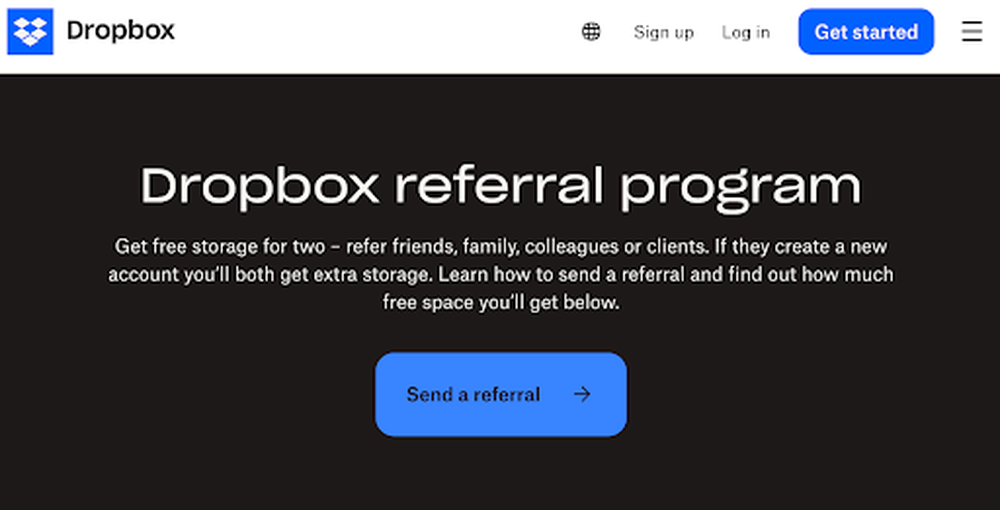 Screenshot of the Dropbox referral program offering free storage as an incentive, used as an example of effective referral incentives when building referral networks.