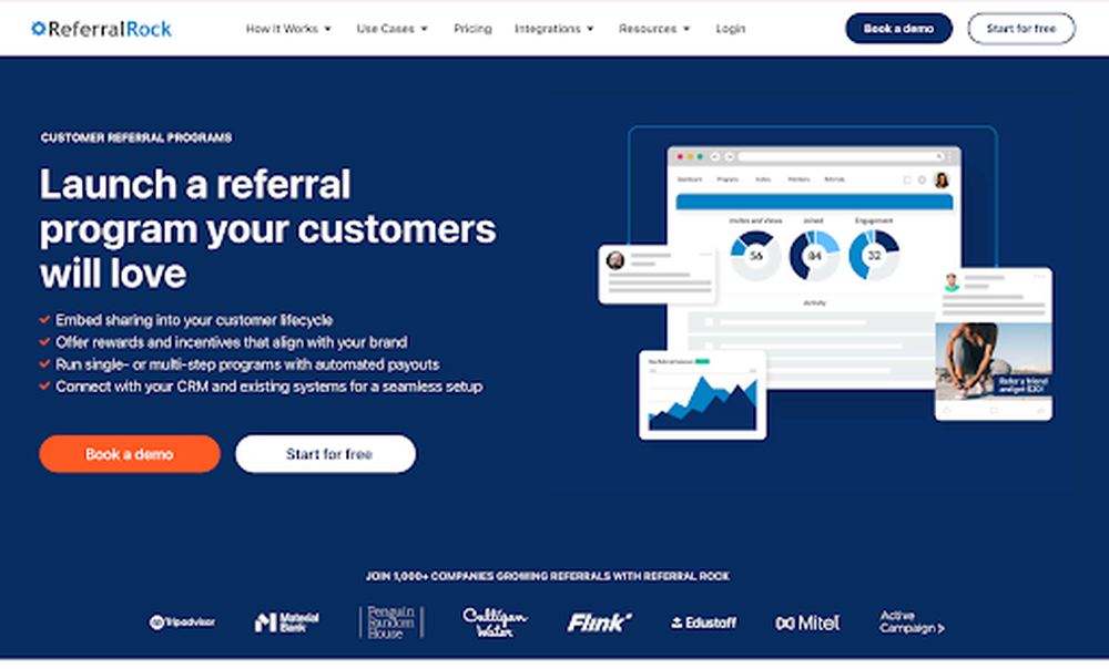 ReferralRock platform interface showcasing referral tracking dashboards and program performance metrics, highlighting tools for building and managing referral networks effectively.