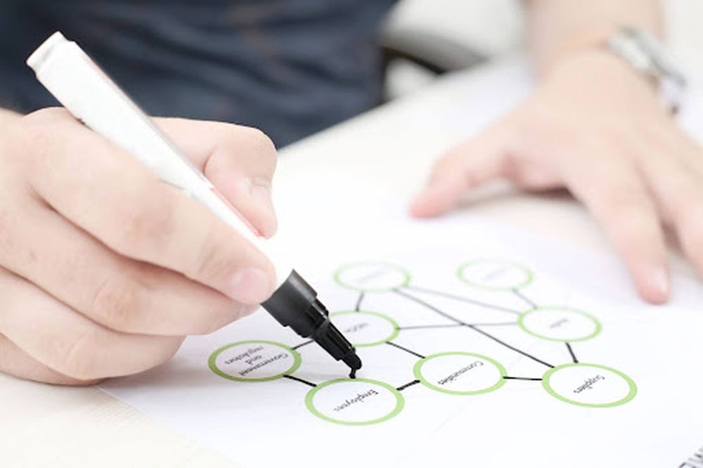 Person creating mindmap using marker, symbolizing referral program structure.