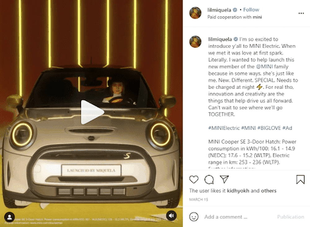 Lil Miquela's paid collaboration with MINI Electric on Instagram