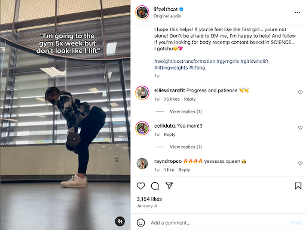 An example of a gym influencer with an engaged community who feel heard and resonant.
