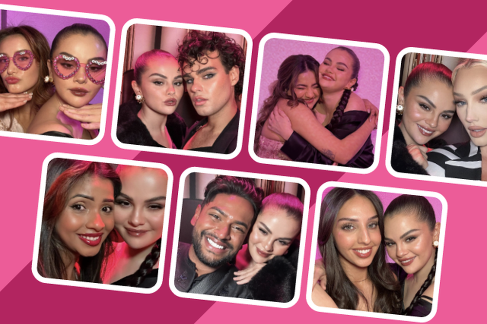 A picture collage of Selena Gomez, owner of Rare Beauty with famous creators