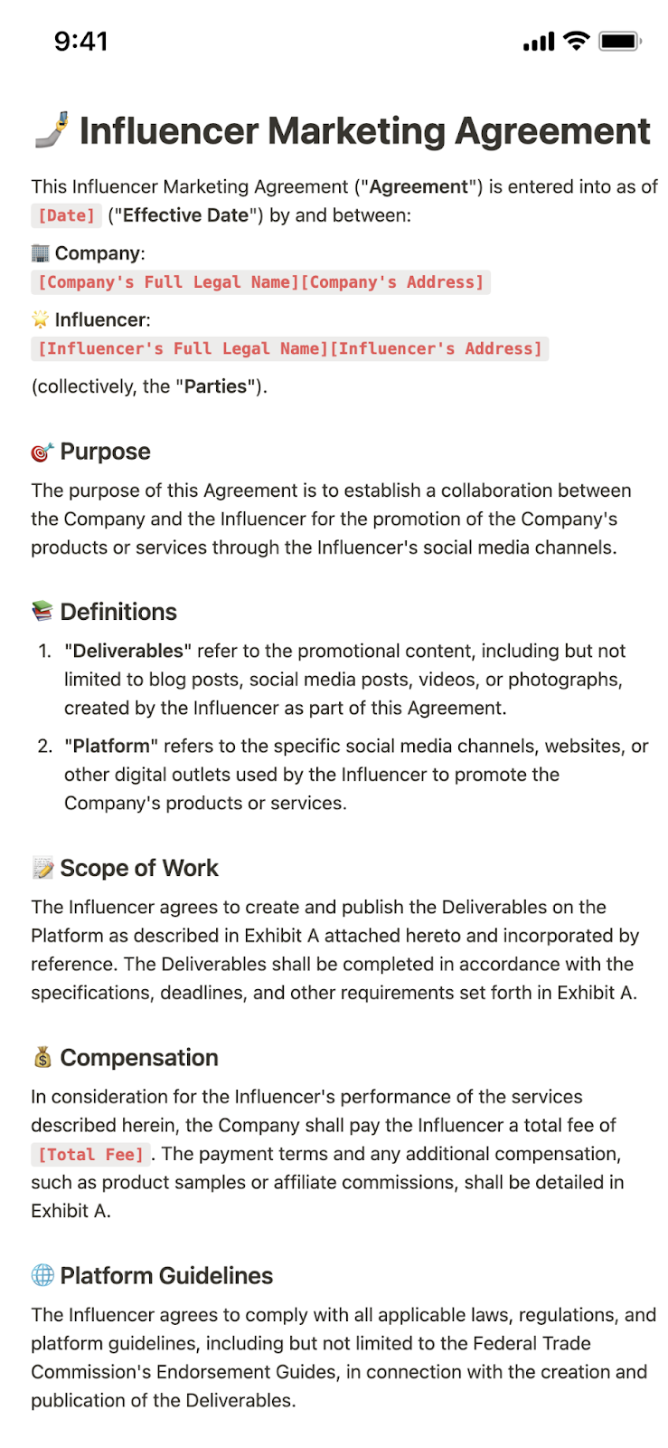 Influencer contract agreement with platform guidelines.