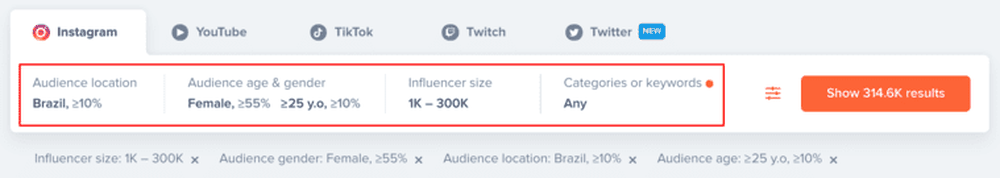 Filters for discovering influencers