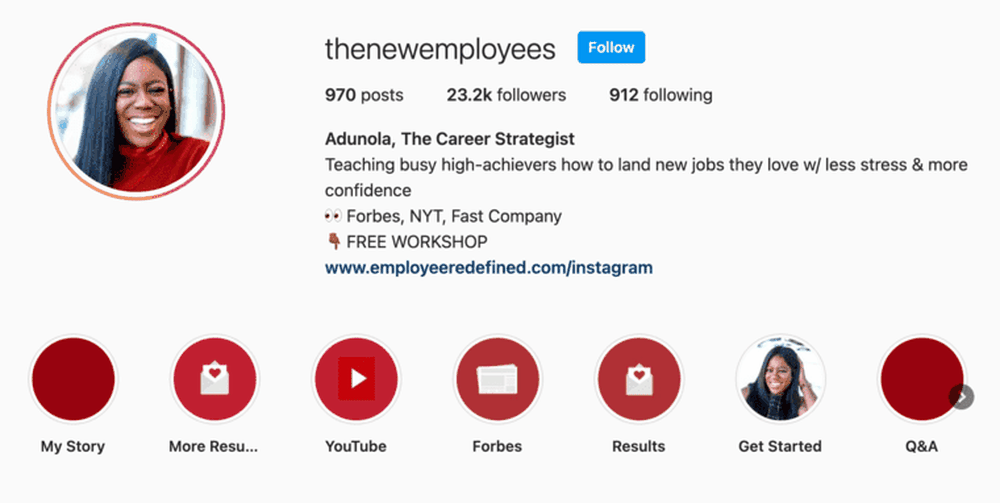 An Instagram bio of career strategist Adunola