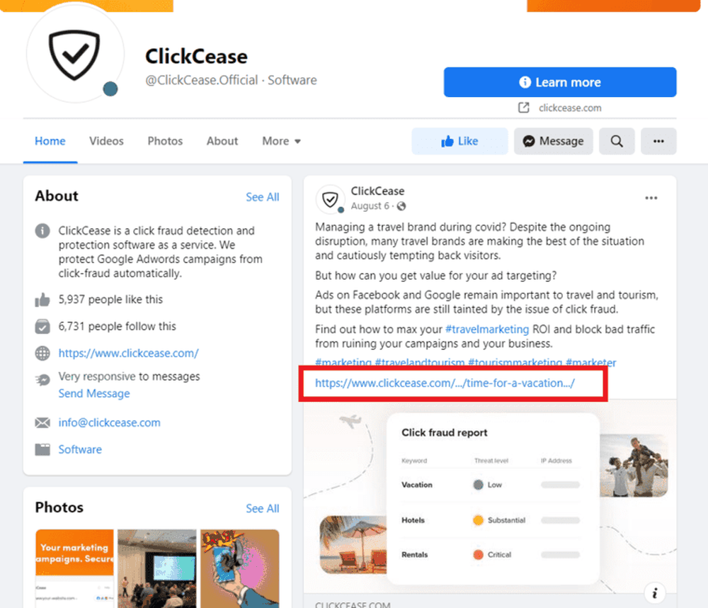 ClickCease's Facebook post repurposes one of their blog articles