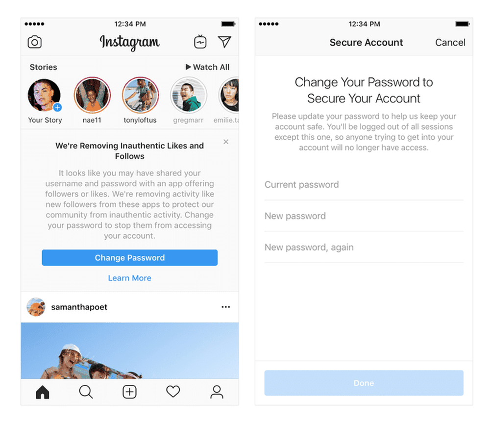 Instagram's warning to change password