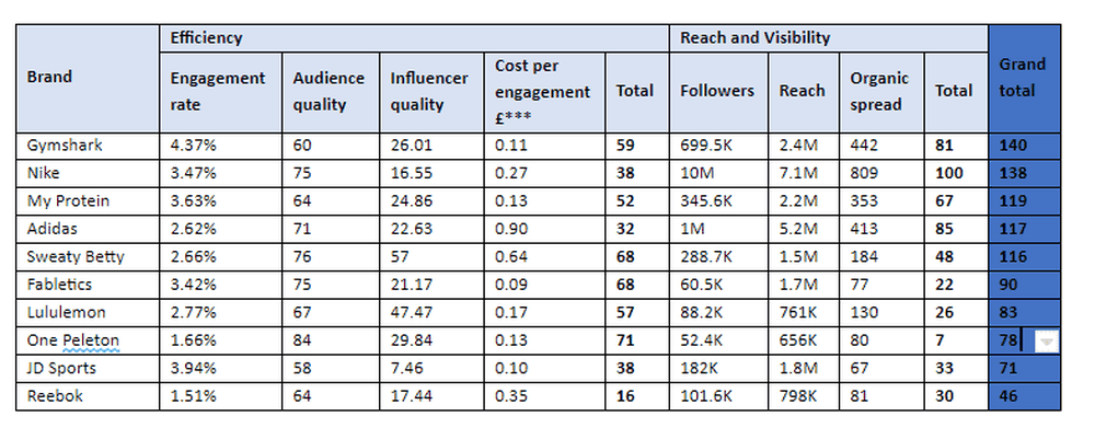 Graph with data from the brands' social networks according to HypeAuditor