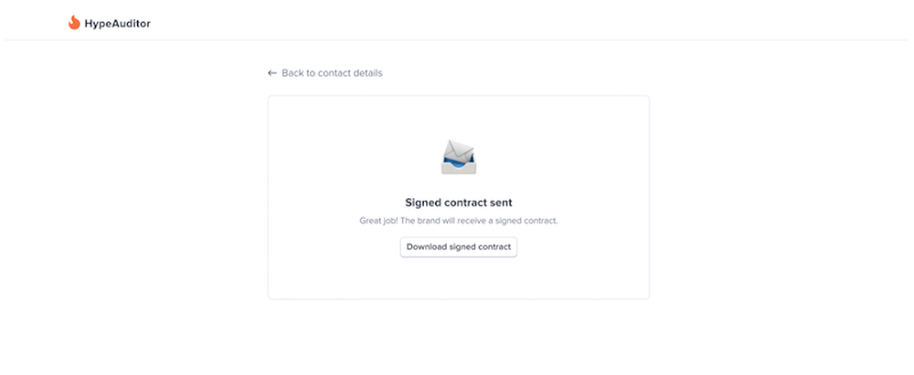 The signed contract was sent through the HypeAuditor platform