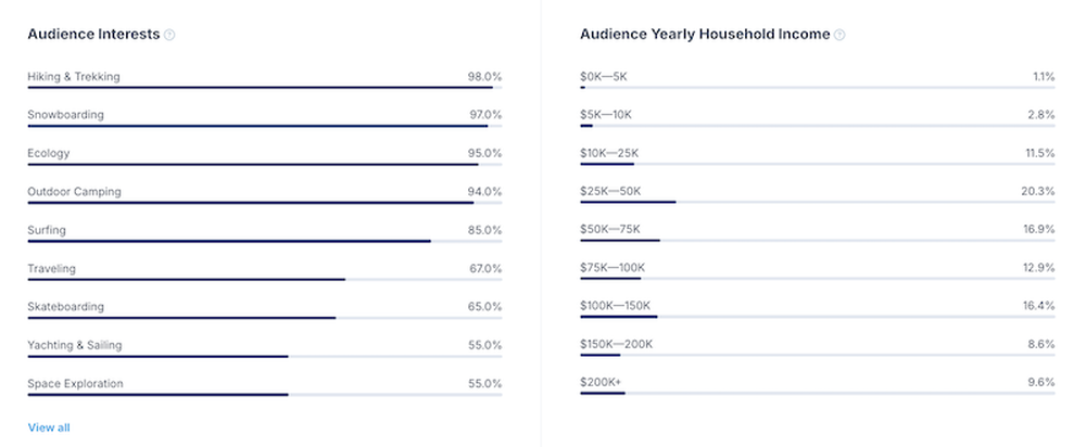 audience interests and estimated income in HypeAuditor's platform