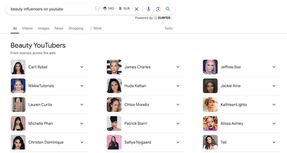 Find YouTube influencers on Google