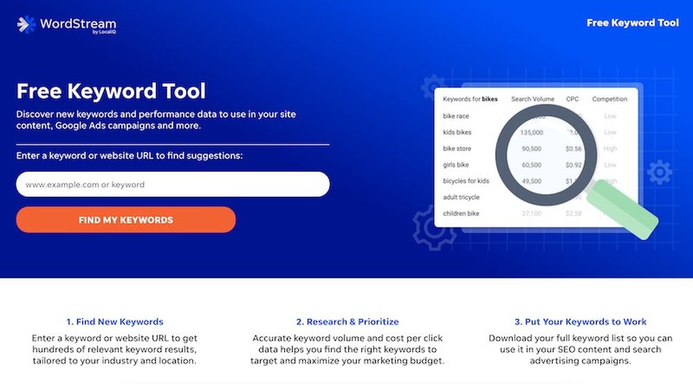 WordStream is an online keyword research tool