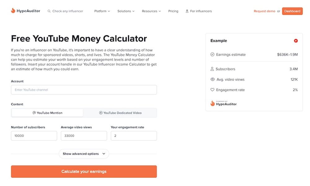 Free YouTube money calculator by HypeAuditor