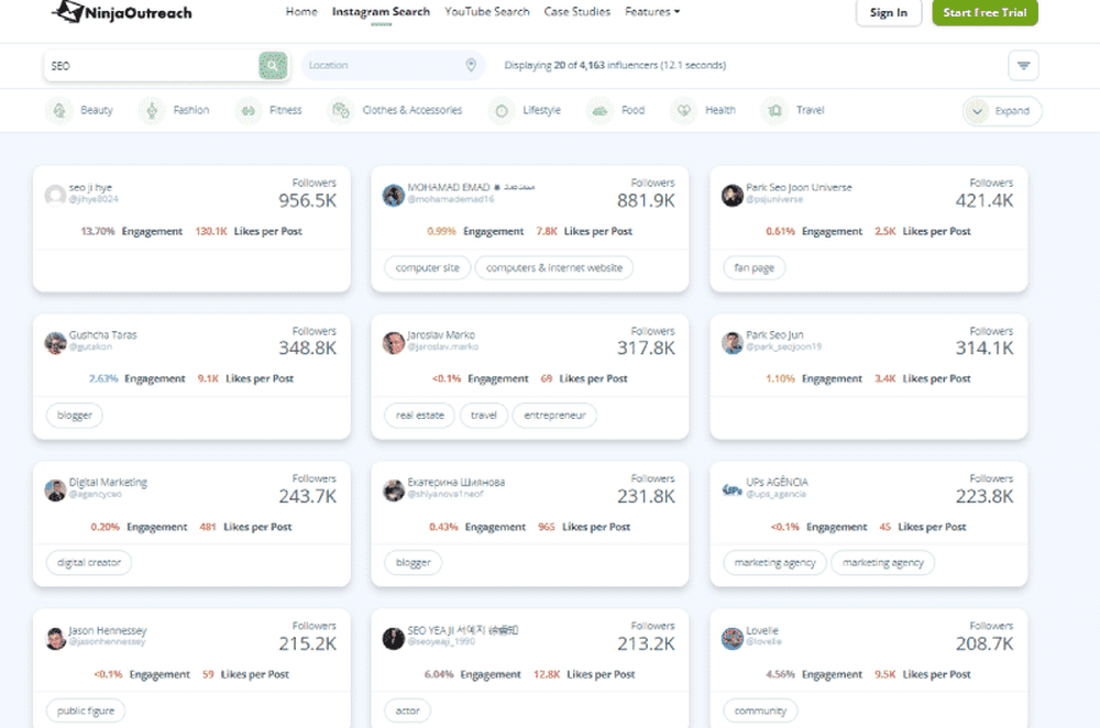 NinjaOutreach’s Instagram search that also shows influencers data.
