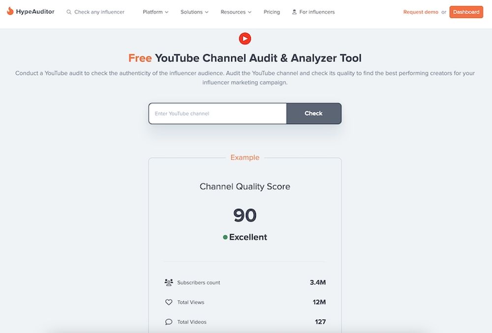 Free tool for analyzing YouTube channels by HypeAuditor