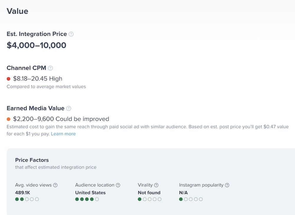 Check estimated prices in HypeAuditor's YouTube report